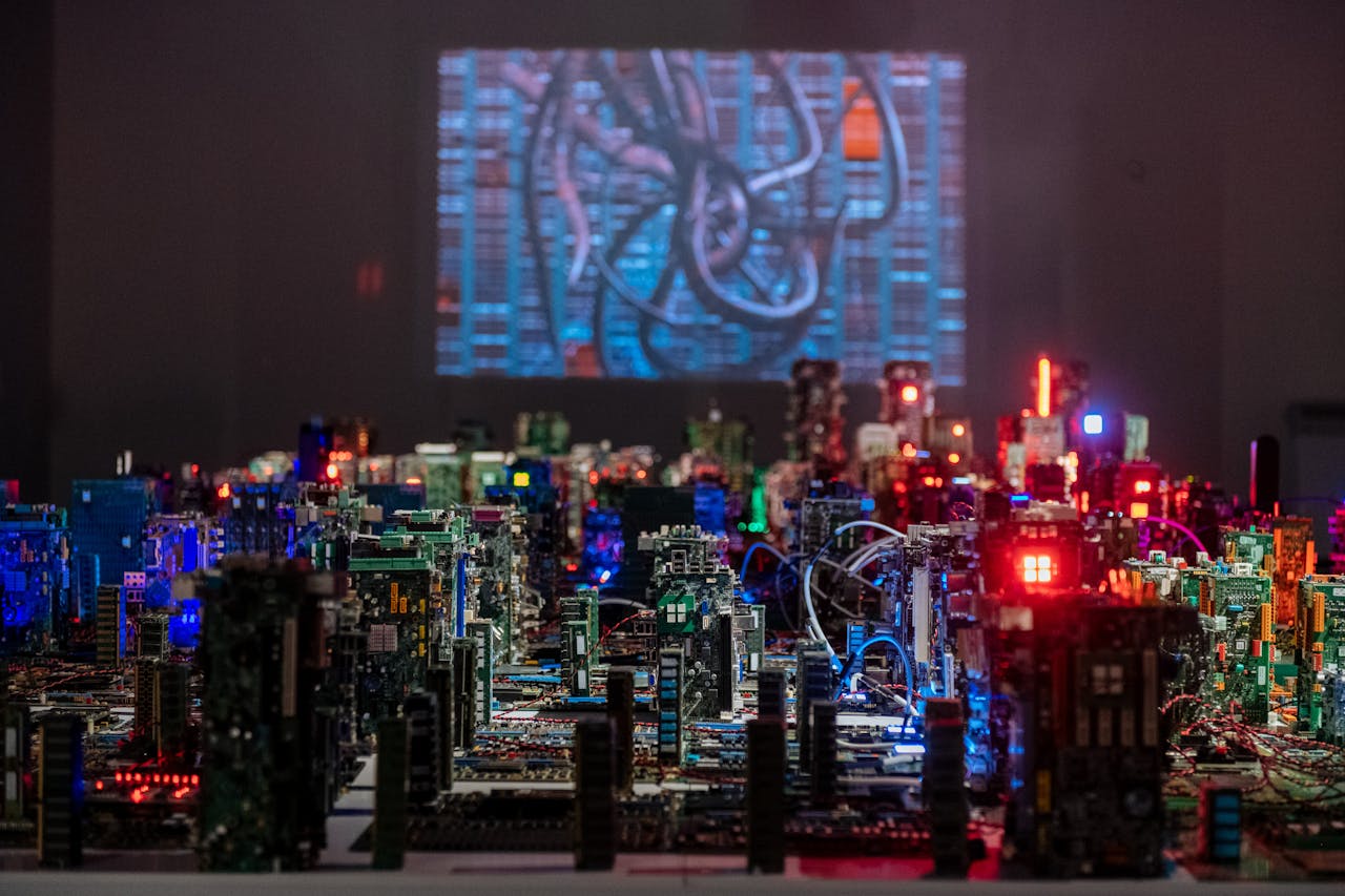 Miniature cityscape of circuit boards and components with vibrant lighting in a technological display.